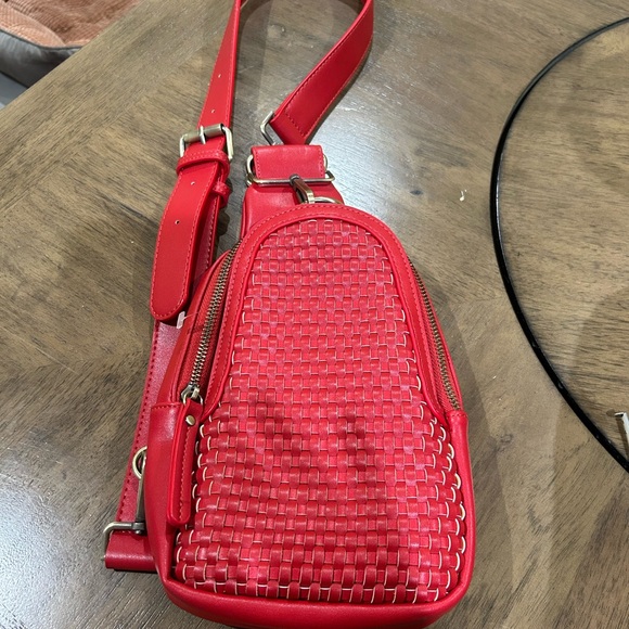 By Anthropologie Handbags - Anthropologie Red Woven Vegan Leather NWOT Crossbody Sling Bag, 12 x 7.